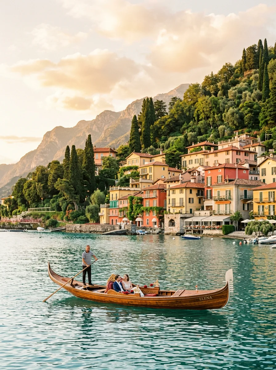 Colorful Italian village beside a mountain lake
